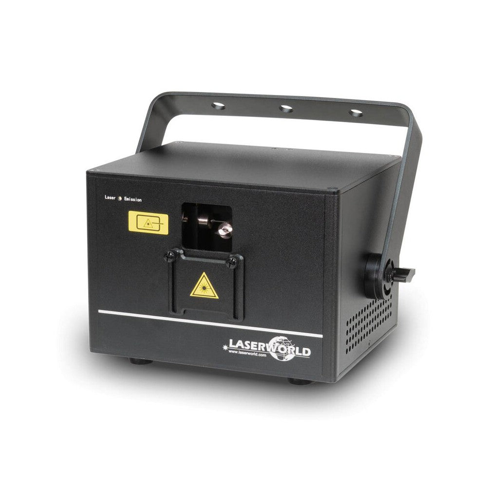 Laserworld 3000 mW compact  RGB diode laser, built-in 3500 mAh battery, beam specs of approx. 5.5  mm / 1.1  mrad, 30 kpps @  8°