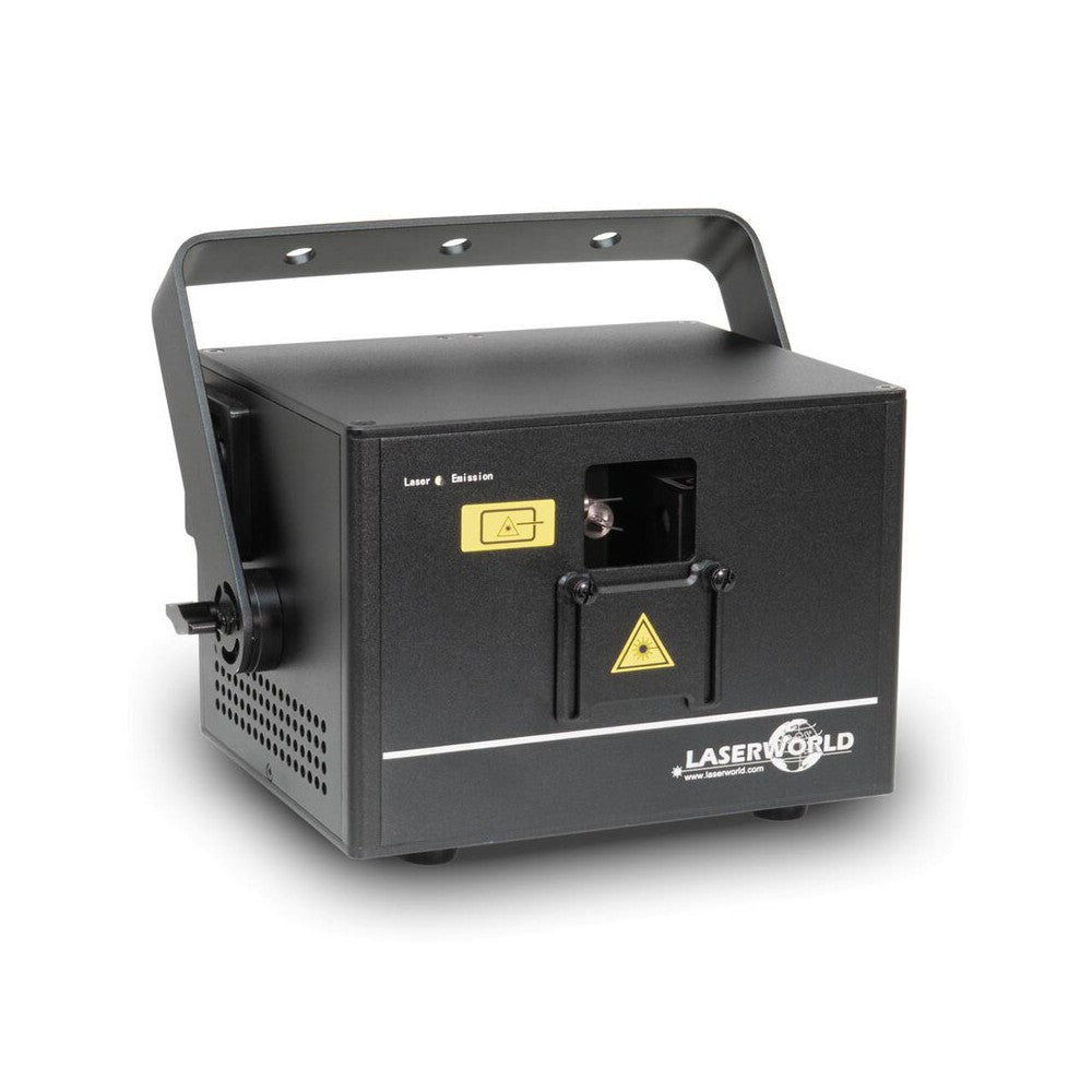 Laserworld 3000 mW compact  RGB diode laser, built-in 3500 mAh battery, beam specs of approx. 5.5  mm / 1.1  mrad, 30 kpps @  8°
