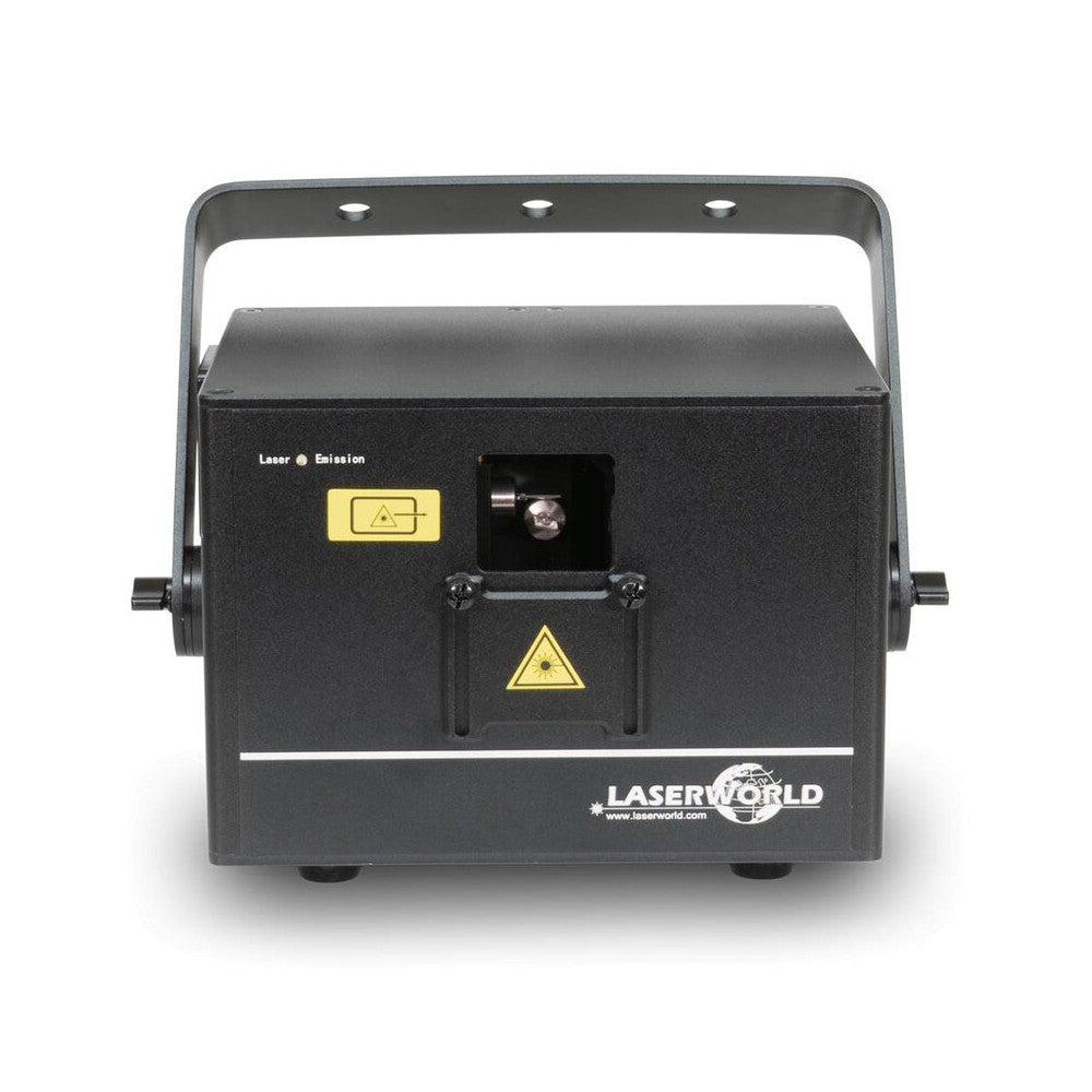 Laserworld 3000 mW compact  RGB diode laser, built-in 3500 mAh battery, beam specs of approx. 5.5  mm / 1.1  mrad, 30 kpps @  8°