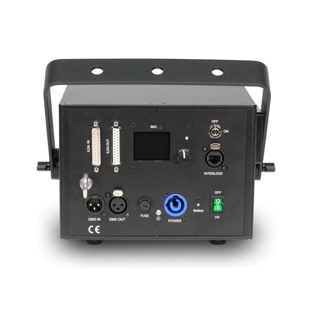 Laserworld 3000 mW compact  RGB diode laser, built-in 3500 mAh battery, beam specs of approx. 5.5  mm / 1.1  mrad, 30 kpps @  8°