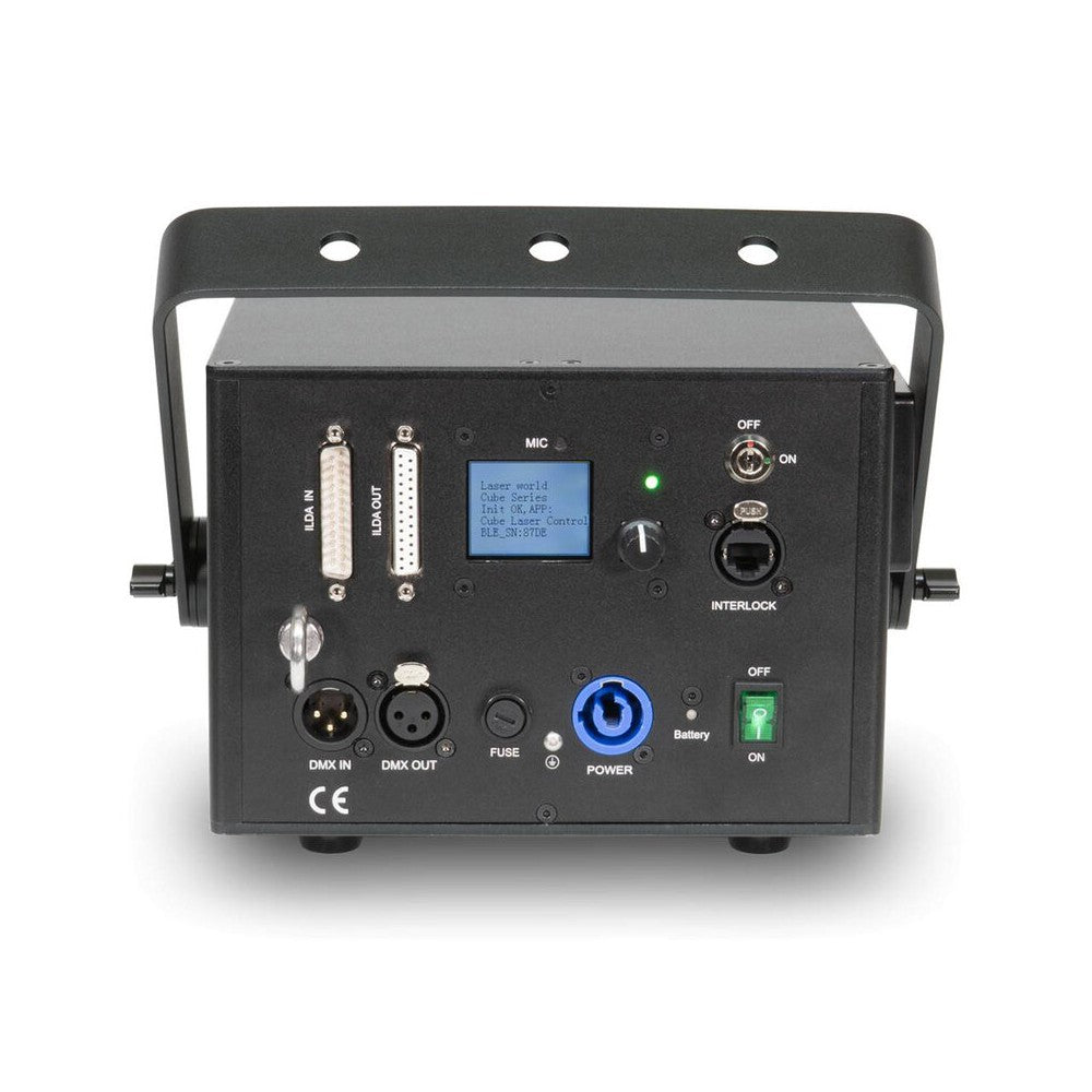 Laserworld 3000 mW compact  RGB diode laser, built-in 3500 mAh battery, beam specs of approx. 5.5  mm / 1.1  mrad, 30 kpps @  8°