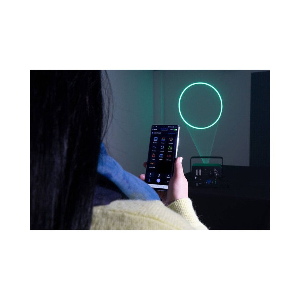 Laserworld 3000 mW compact  RGB diode laser, built-in 3500 mAh battery, beam specs of approx. 5.5  mm / 1.1  mrad, 30 kpps @  8°