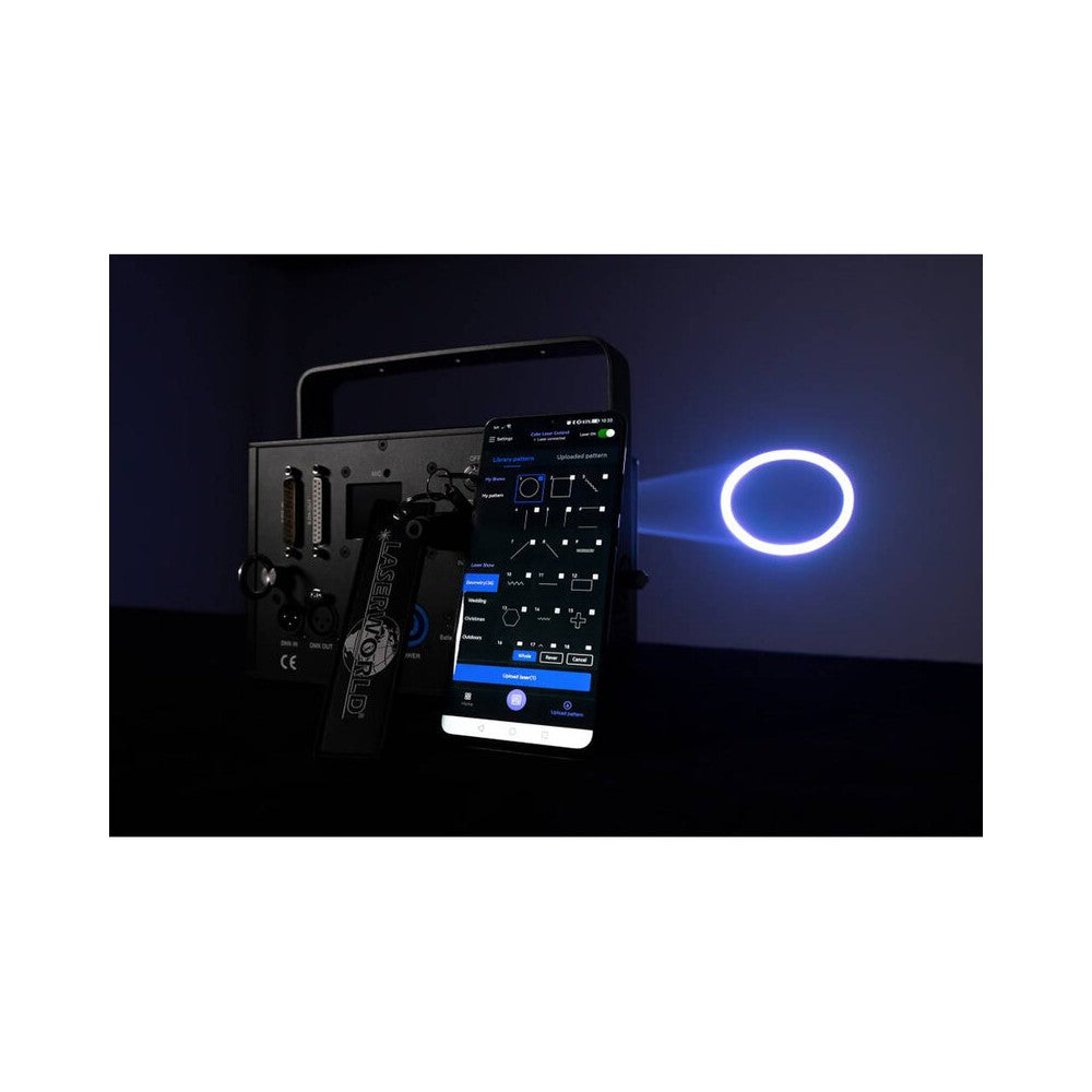 Laserworld 3000 mW compact  RGB diode laser, built-in 3500 mAh battery, beam specs of approx. 5.5  mm / 1.1  mrad, 30 kpps @  8°