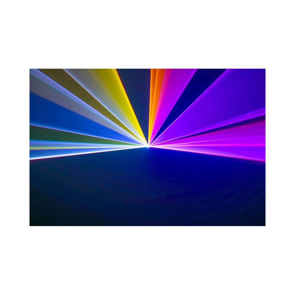 Laserworld 3000 mW compact  RGB diode laser, built-in 3500 mAh battery, beam specs of approx. 5.5  mm / 1.1  mrad, 30 kpps @  8°