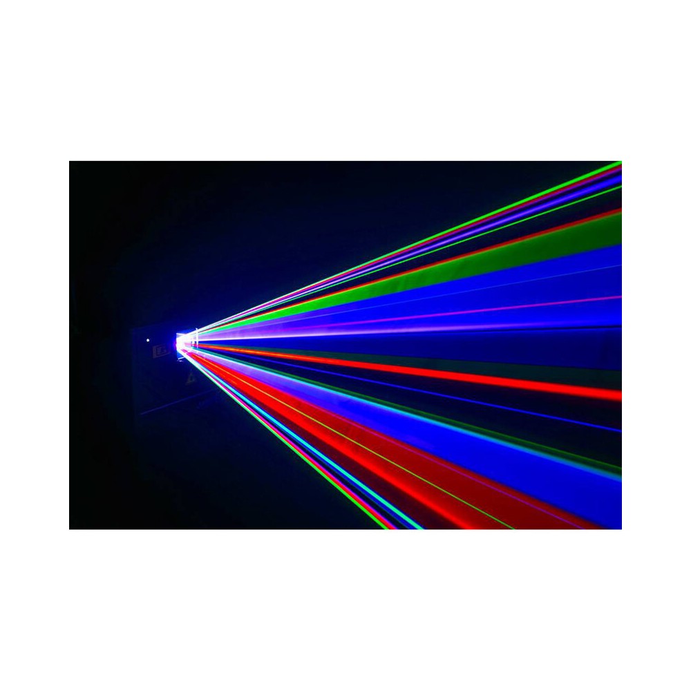 Laserworld 3000 mW compact  RGB diode laser, built-in 3500 mAh battery, beam specs of approx. 5.5  mm / 1.1  mrad, 30 kpps @  8°