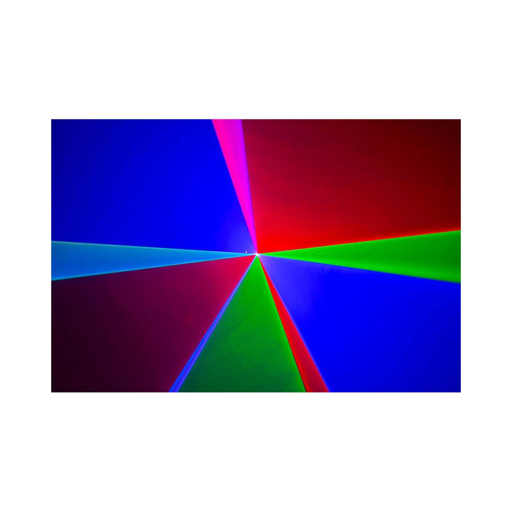Laserworld 3000 mW compact  RGB diode laser, built-in 3500 mAh battery, beam specs of approx. 5.5  mm / 1.1  mrad, 30 kpps @  8°