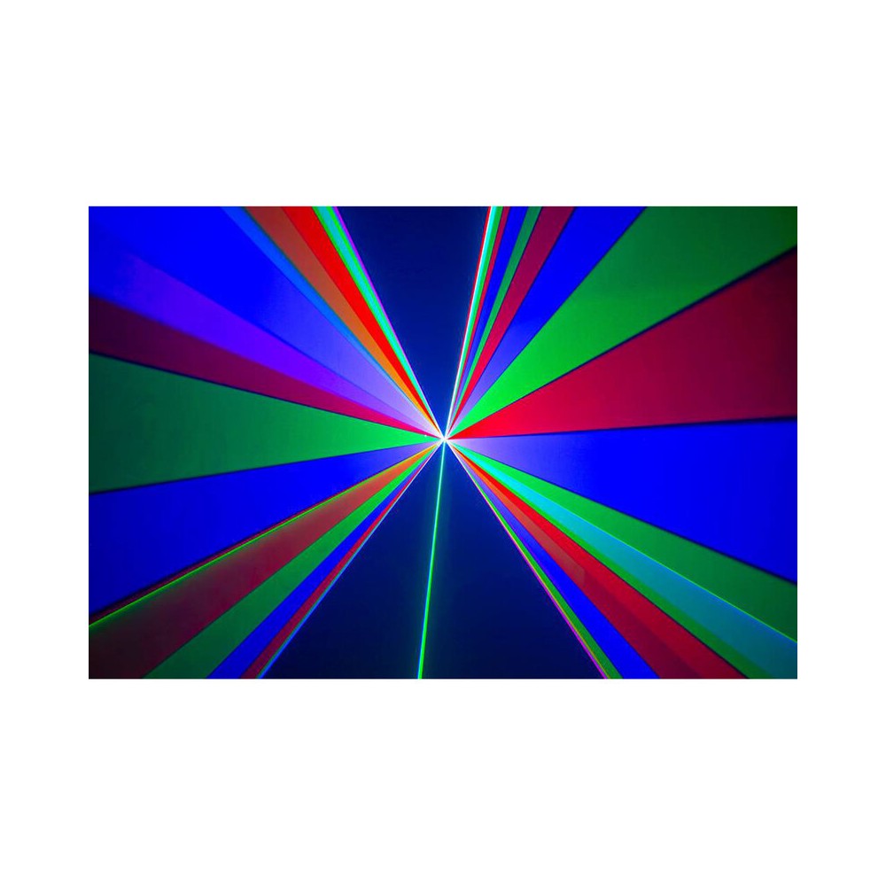 Laserworld 3000 mW compact  RGB diode laser, built-in 3500 mAh battery, beam specs of approx. 5.5  mm / 1.1  mrad, 30 kpps @  8°