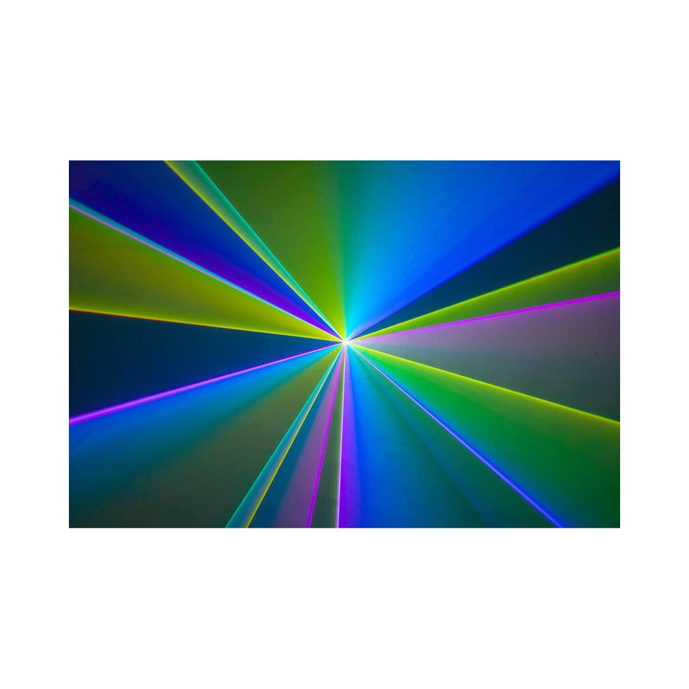 Laserworld 3000 mW compact  RGB diode laser, built-in 3500 mAh battery, beam specs of approx. 5.5  mm / 1.1  mrad, 30 kpps @  8°