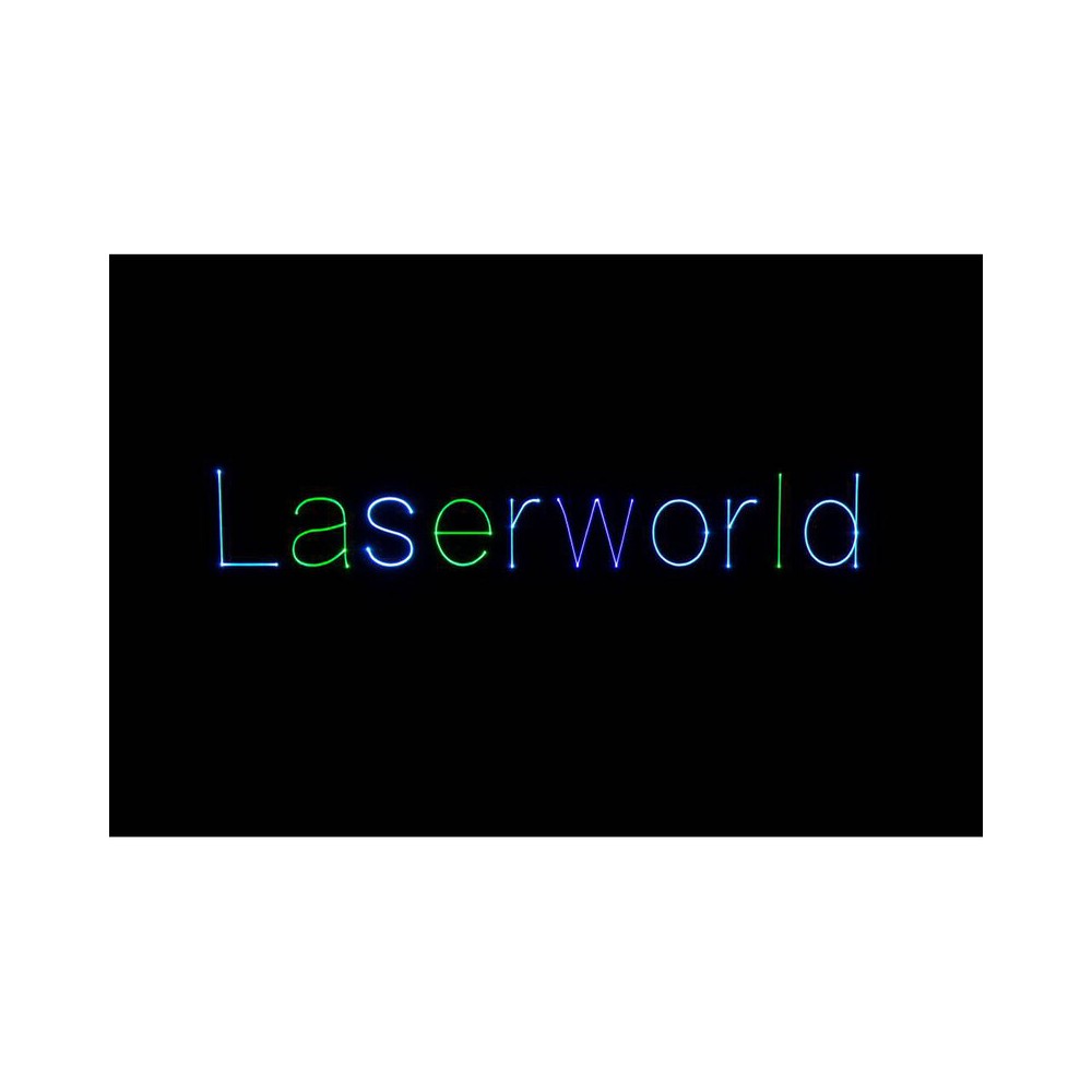 Laserworld 3000 mW compact  RGB diode laser, built-in 3500 mAh battery, beam specs of approx. 5.5  mm / 1.1  mrad, 30 kpps @  8°