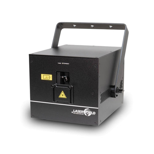 Laserworld 7000 mW compact  RGB diode laser, built-in 6400 mAh battery, beam specs of approx. 5.5  mm / 1.1  mrad, 30 kpps @  8°