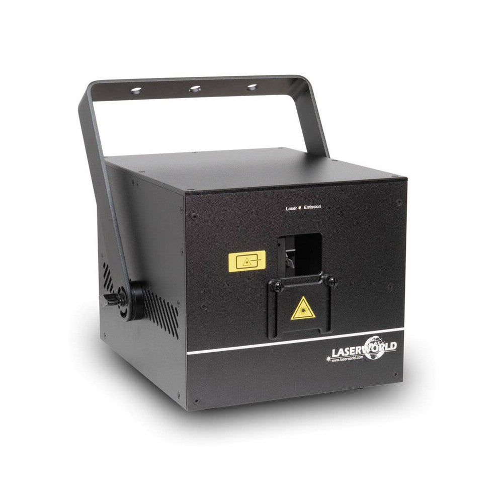 Laserworld 7000 mW compact RGB diode laser, built-in 6400 mAh battery, beam specs of approx. 5.5 mm / 1.1 mrad, 30 kpps @ 8°