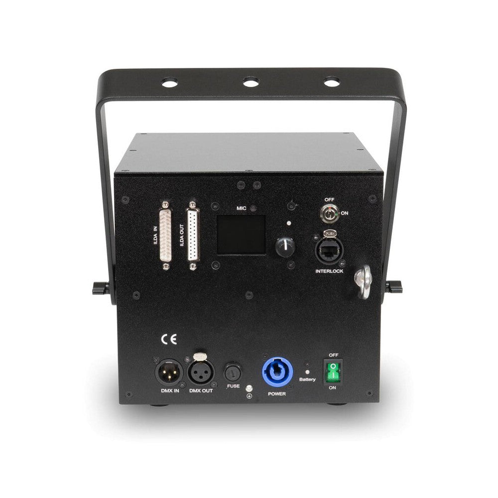 Láser de diodo RGB compacto Laserworld de 7000 mW, batería integrada de 6400 mAh, especificaciones del haz de aprox. 5,5 mm / 1,1 mrad, 30 kpps a 8°
