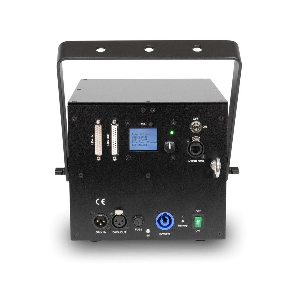 Láser de diodo RGB compacto Laserworld de 7000 mW, batería integrada de 6400 mAh, especificaciones del haz de aprox. 5,5 mm / 1,1 mrad, 30 kpps a 8°
