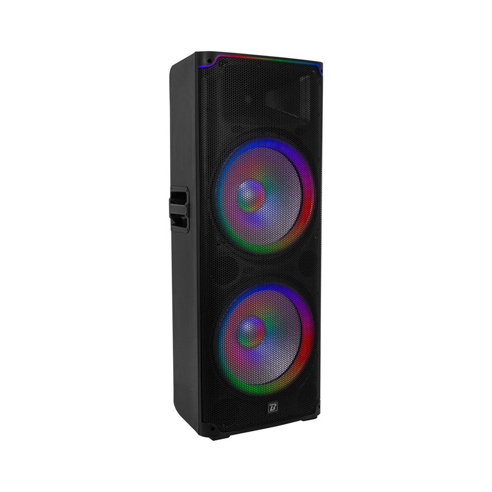 BoomTone DJ 500 W active 2‑way loudspeaker with dual 15" woofers, compression driver, LED effects, USB / SD player, FM radio and