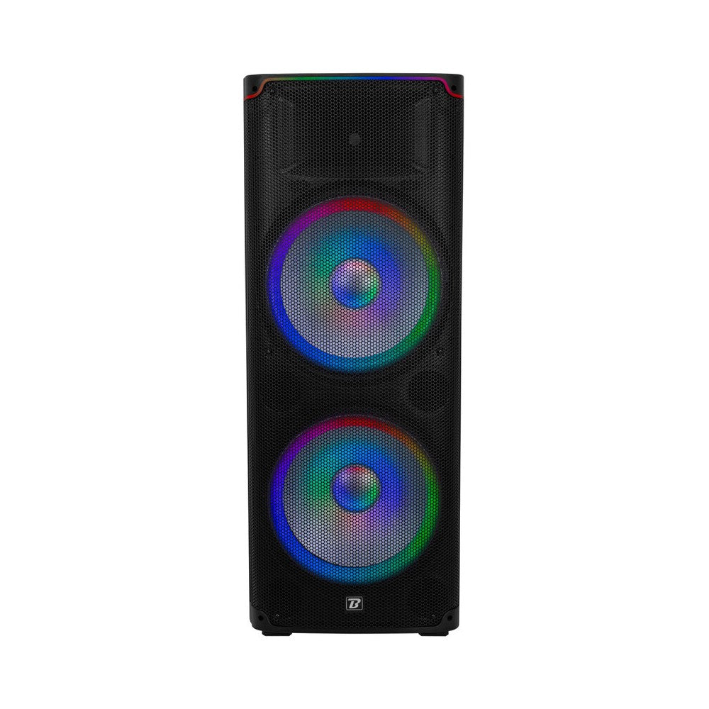 Altavoz activo de 2 vías BoomTone DJ 500 W con woofers dobles de 15", motor de compresión, efectos LED, reproductor USB/SD, radio FM y