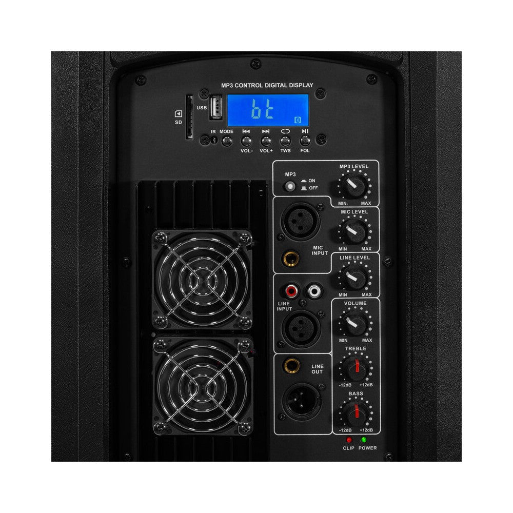Altavoz activo de 2 vías BoomTone DJ 500 W con woofers dobles de 15", motor de compresión, efectos LED, reproductor USB/SD, radio FM y