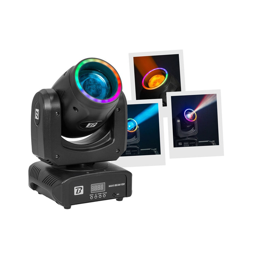 BoomTone DJ 100 W CREE LED beam moving head with 2° beam, 9 colours, 13 Gobos, dual rotating prisms and fast Pan / Tilt movement