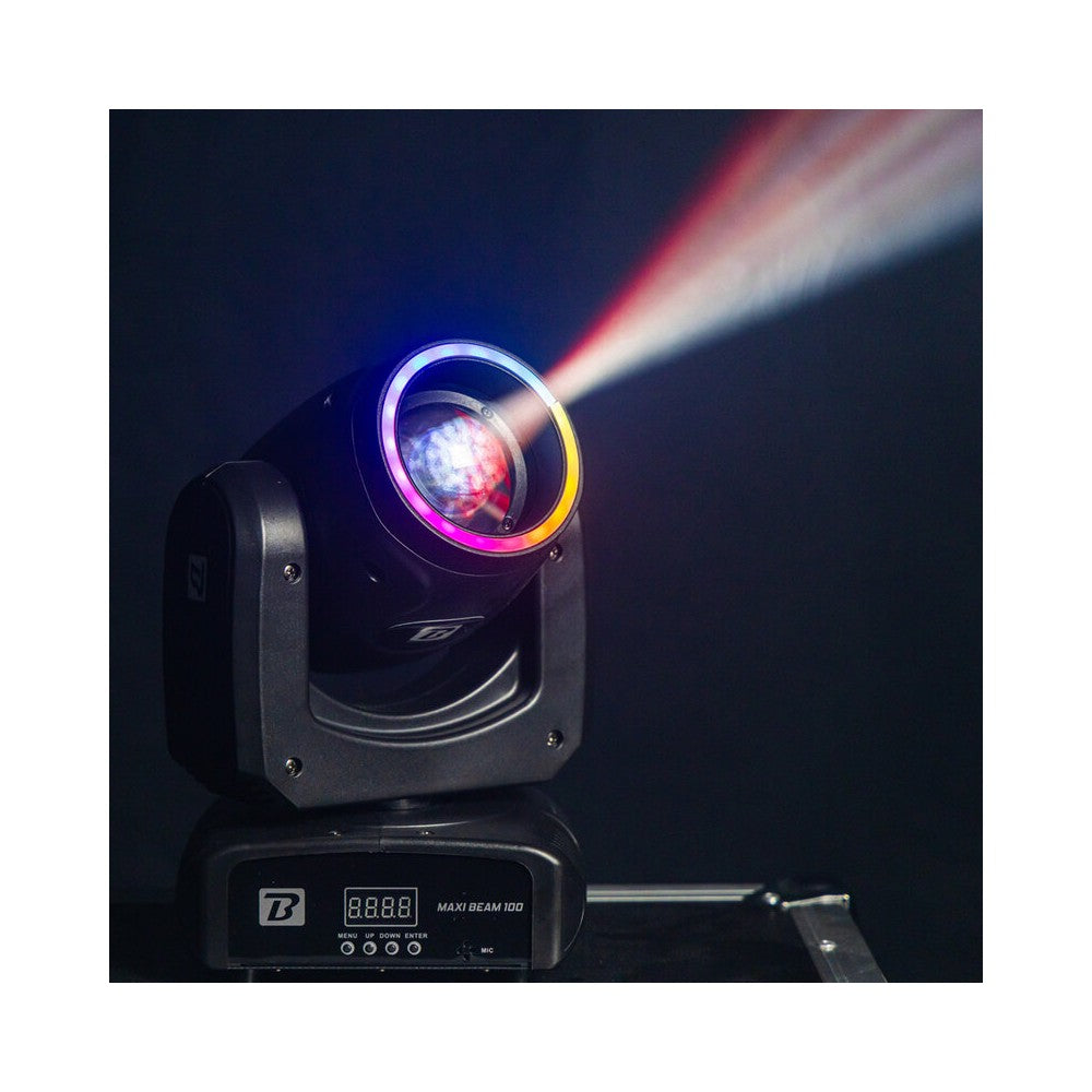 BoomTone DJ 100 W CREE LED beam moving head with 2° beam, 9 colors, 13 gobos, dual rotating prisms and fast Pan / Tilt movement