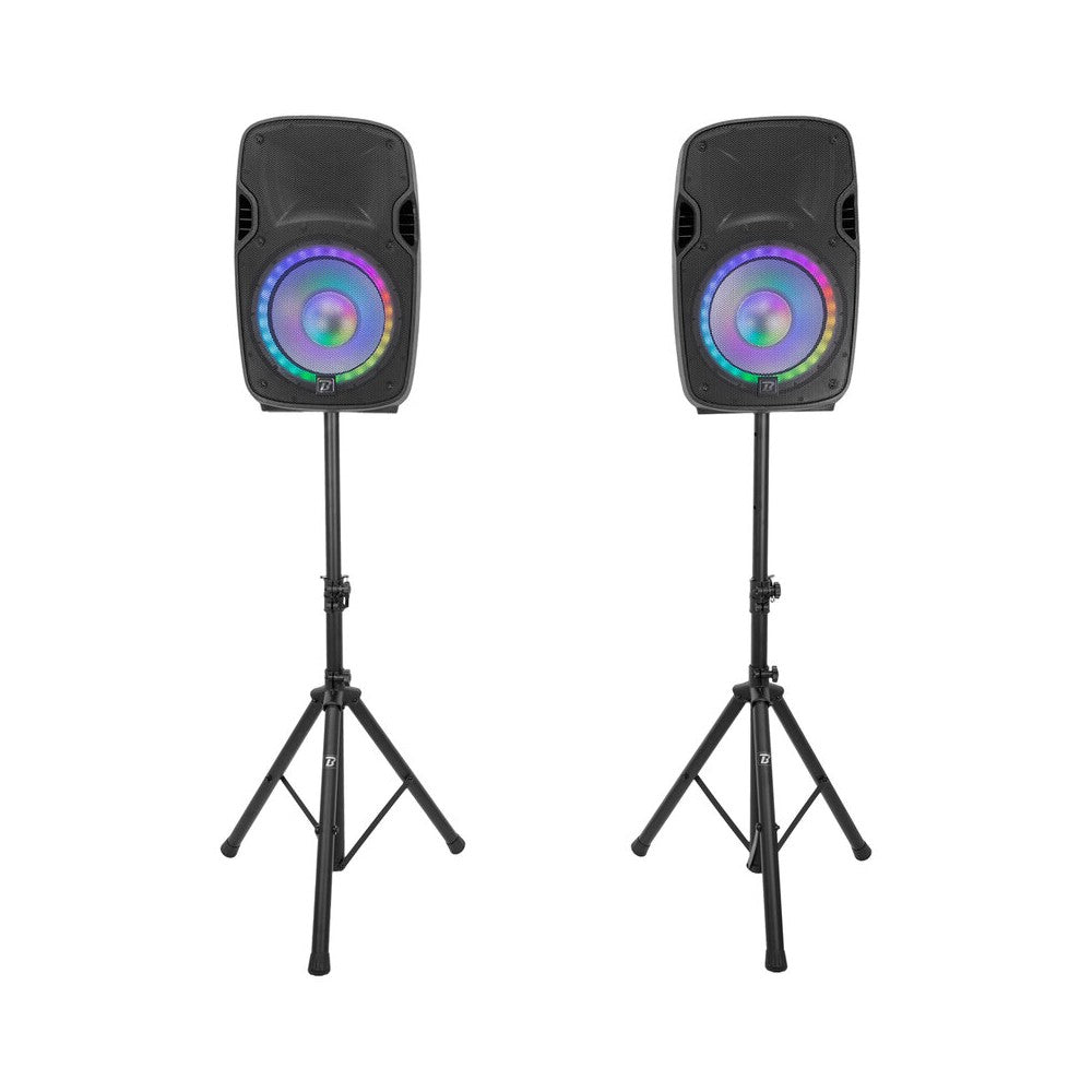 BoomTone DJ Complete PA system with 12" active + passive loudspeakers, Bluetooth / USB / SD / FM player, LED effects, stands, wi