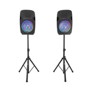 BoomTone DJ Complete PA system with 12" active + passive loudspeakers, Bluetooth / USB / SD / FM player, LED effects, stands, wi