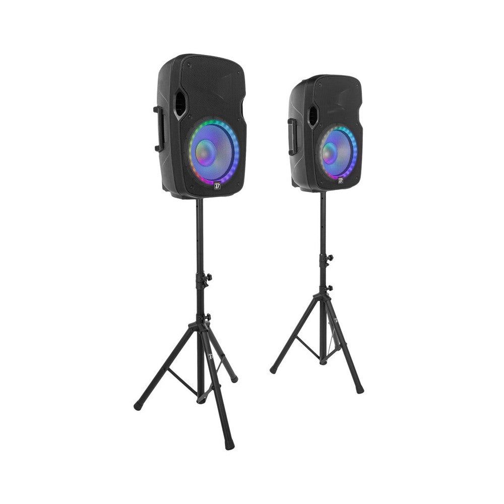 BoomTone DJ Sistema de PA completo con altavoces activos + pasivos de 12", reproductor Bluetooth / USB / SD / FM, efectos LED, soportes, wi