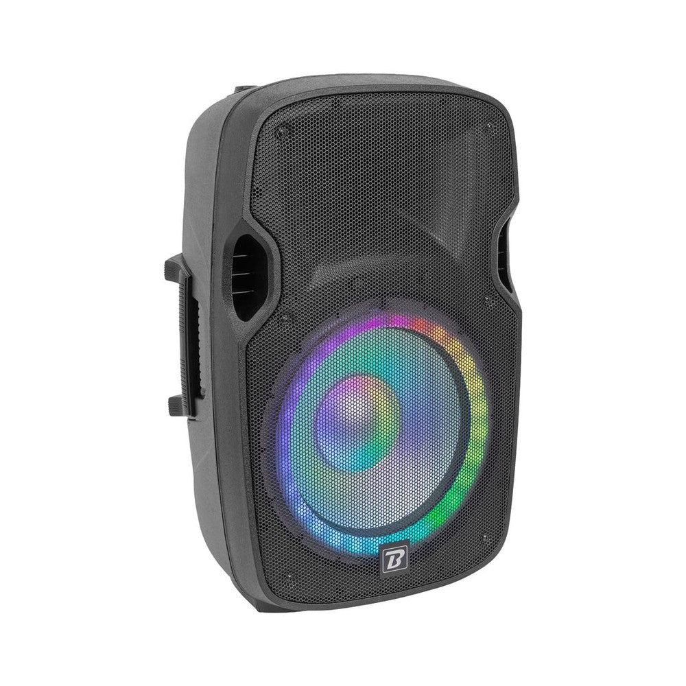 BoomTone DJ Complete PA system with 12" active + passive loudspeakers, Bluetooth / USB / SD / FM player, LED effects, stands, wi