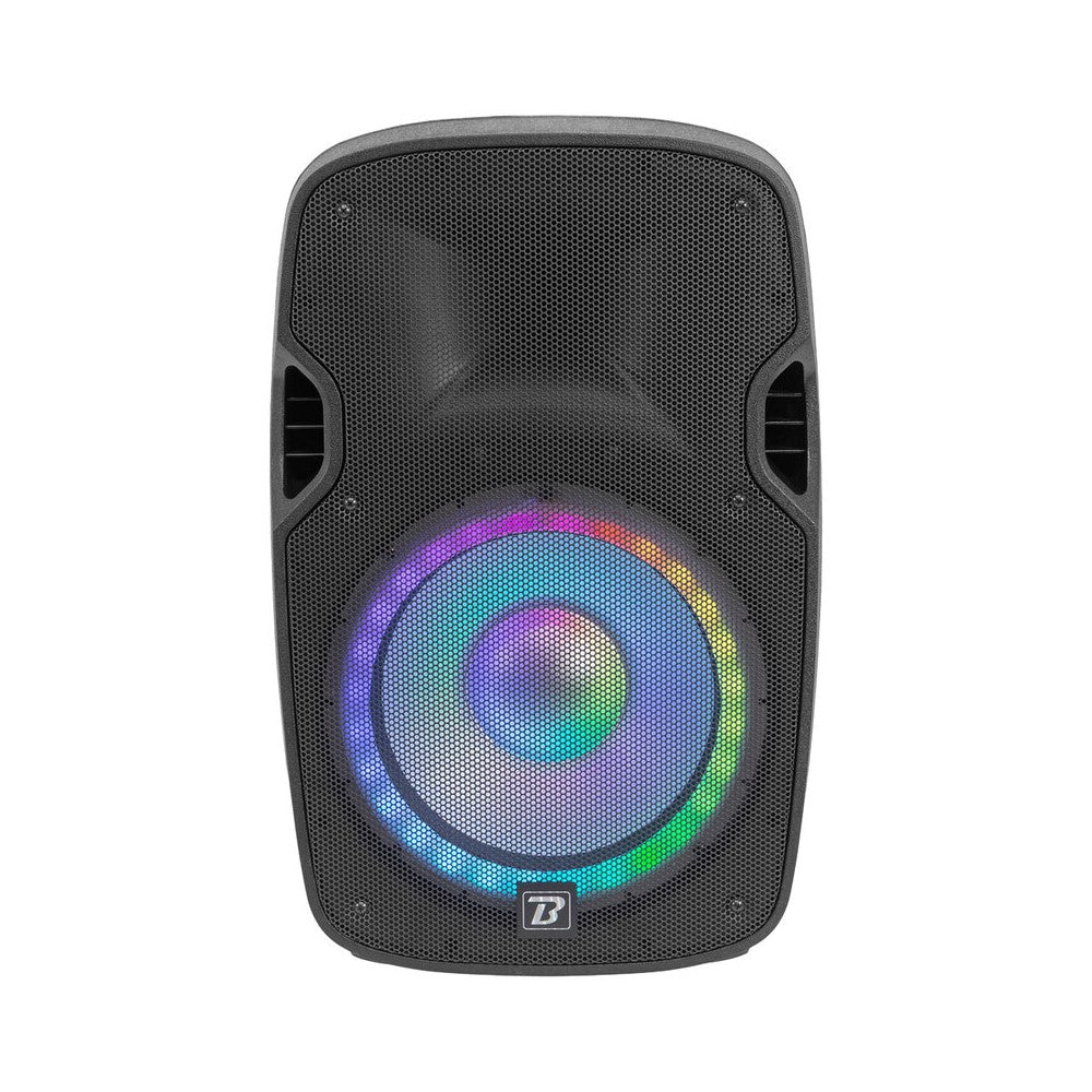 BoomTone DJ Complete PA system with 12" active + passive loudspeakers, Bluetooth / USB / SD / FM player, LED effects, stands, wi