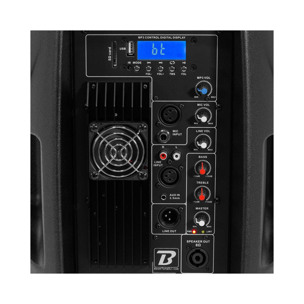 BoomTone DJ Complete PA system with 12" active + passive loudspeakers, Bluetooth / USB / SD / FM player, LED effects, stands, wi