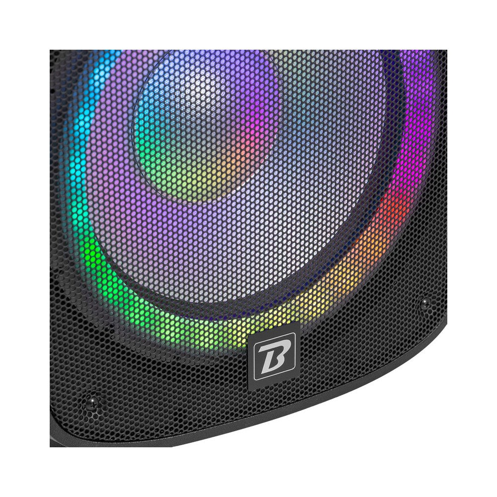 BoomTone DJ Complete PA system with 12" active + passive loudspeakers, Bluetooth / USB / SD / FM player, LED effects, stands, wi