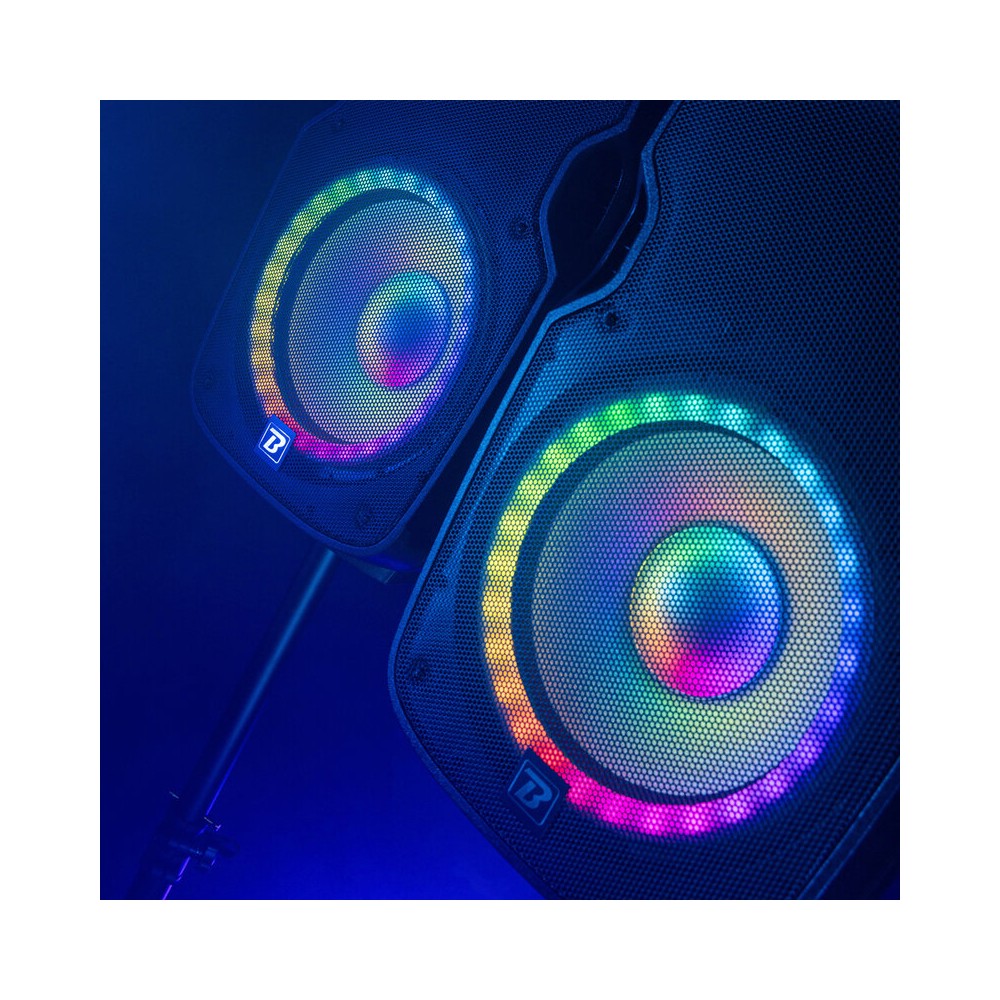 BoomTone DJ Complete PA system with 12" active + passive loudspeakers, Bluetooth / USB / SD / FM player, LED effects, stands, wi