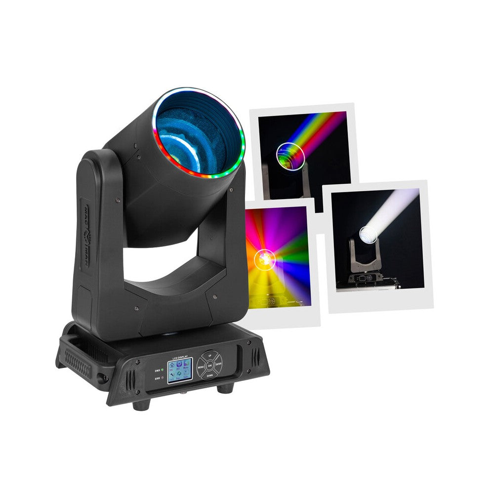 Mac Mah 200 W LED Beam moving head, 2.5° beam, 13 Gobos, 11 colours, 12 + 6 facet prism, RGB halo LEDs, 14‑channel DMX control