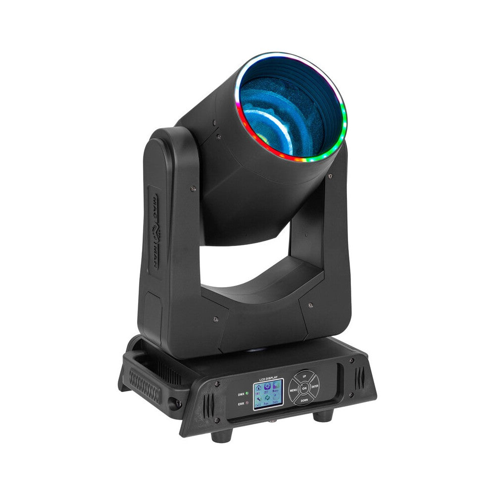 Mac Mah 200 W LED Beam moving head, 2.5° beam, 13 Gobos, 11 colours, 12 + 6 facet prism, RGB halo LEDs, 14‑channel DMX control