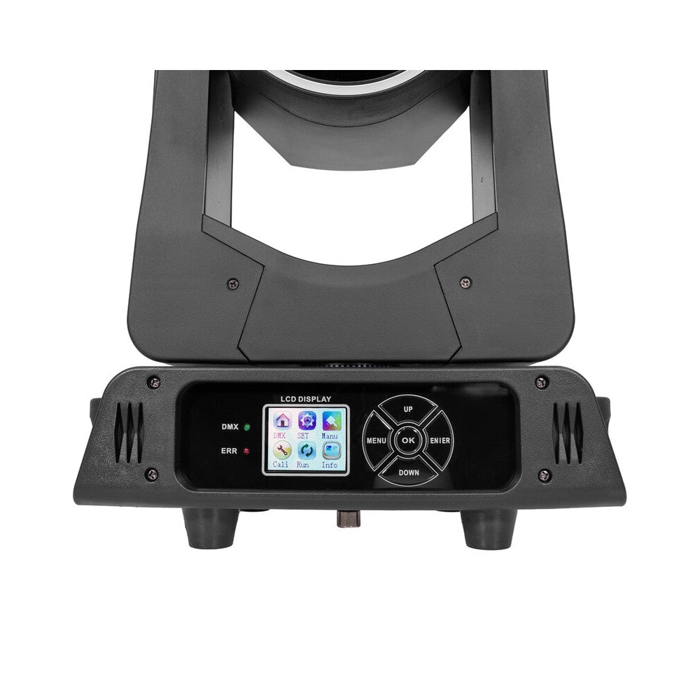Mac Mah 200W LED Beam moving head, 2.5° beam, 13 gobos, 11 colors, 12 + 6 facet prism, RGB halo LEDs, 14-channel DMX control