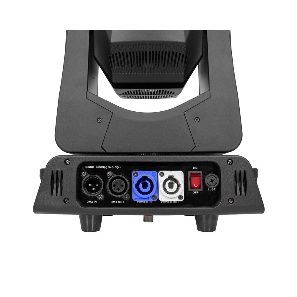 Mac Mah 200W LED Beam moving head, 2.5° beam, 13 gobos, 11 colors, 12 + 6 facet prism, RGB halo LEDs, 14-channel DMX control