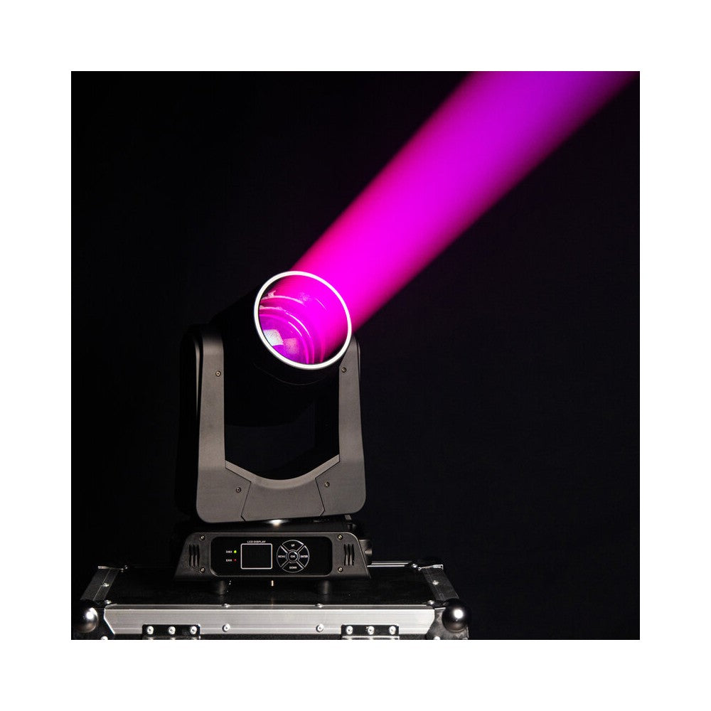 Mac Mah 200W LED Beam moving head, 2.5° beam, 13 gobos, 11 colors, 12 + 6 facet prism, RGB halo LEDs, 14-channel DMX control