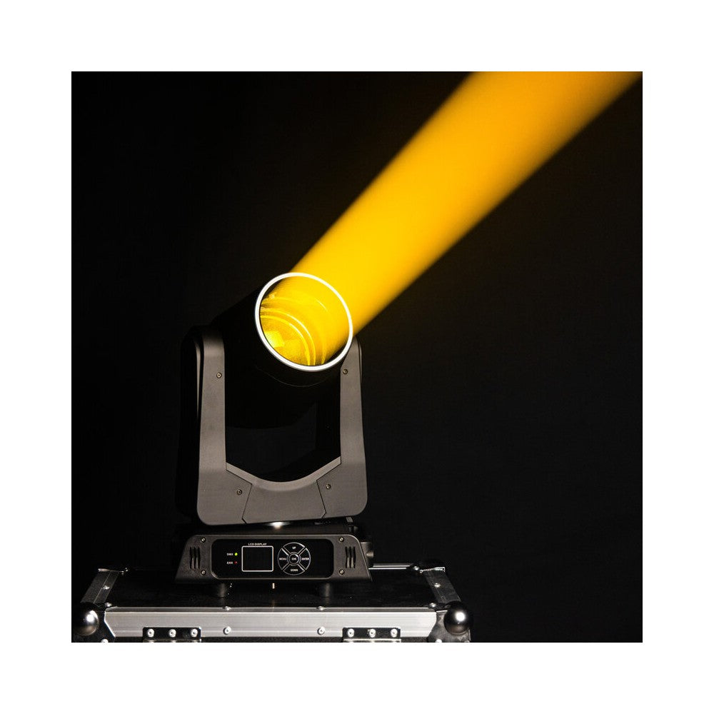 Mac Mah 200W LED Beam moving head, 2.5° beam, 13 gobos, 11 colors, 12 + 6 facet prism, RGB halo LEDs, 14-channel DMX control