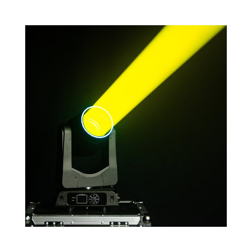 Mac Mah 200W LED Beam moving head, 2.5° beam, 13 gobos, 11 colors, 12 + 6 facet prism, RGB halo LEDs, 14-channel DMX control
