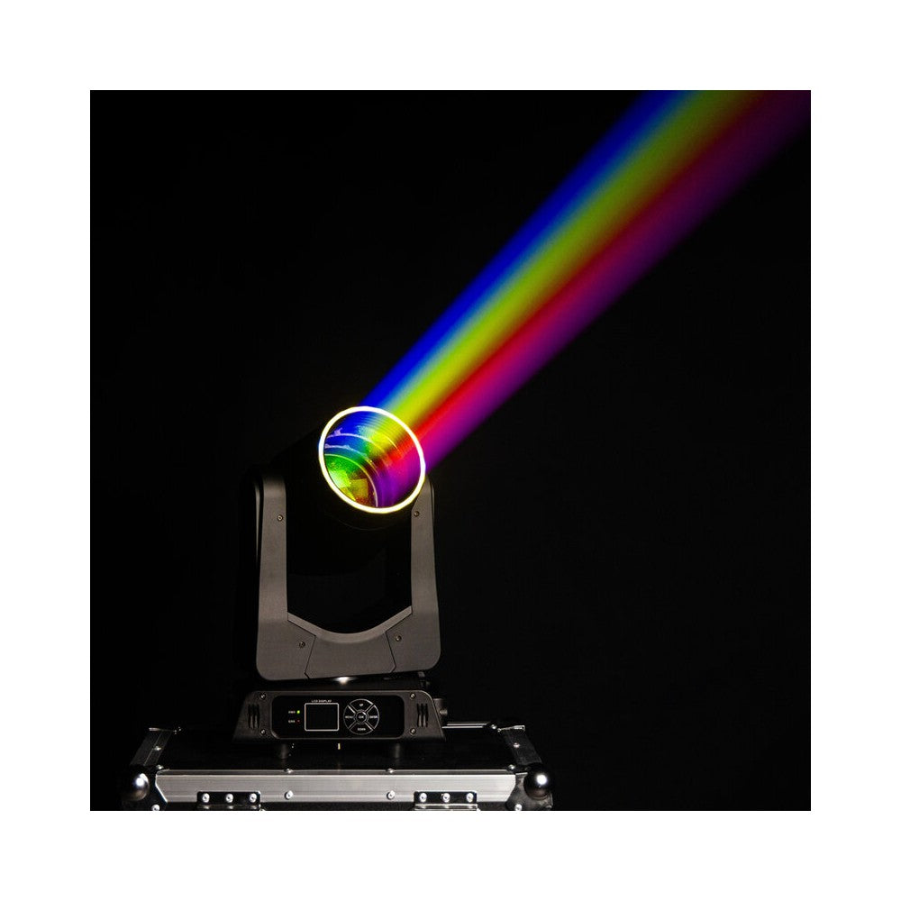 Mac Mah 200W LED Beam moving head, 2.5° beam, 13 gobos, 11 colors, 12 + 6 facet prism, RGB halo LEDs, 14-channel DMX control