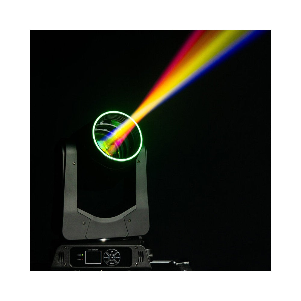 Mac Mah 200W LED Beam moving head, 2.5° beam, 13 gobos, 11 colors, 12 + 6 facet prism, RGB halo LEDs, 14-channel DMX control