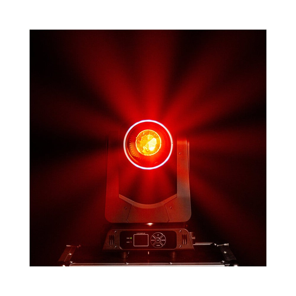 Mac Mah 200W LED Beam moving head, 2.5° beam, 13 gobos, 11 colors, 12 + 6 facet prism, RGB halo LEDs, 14-channel DMX control