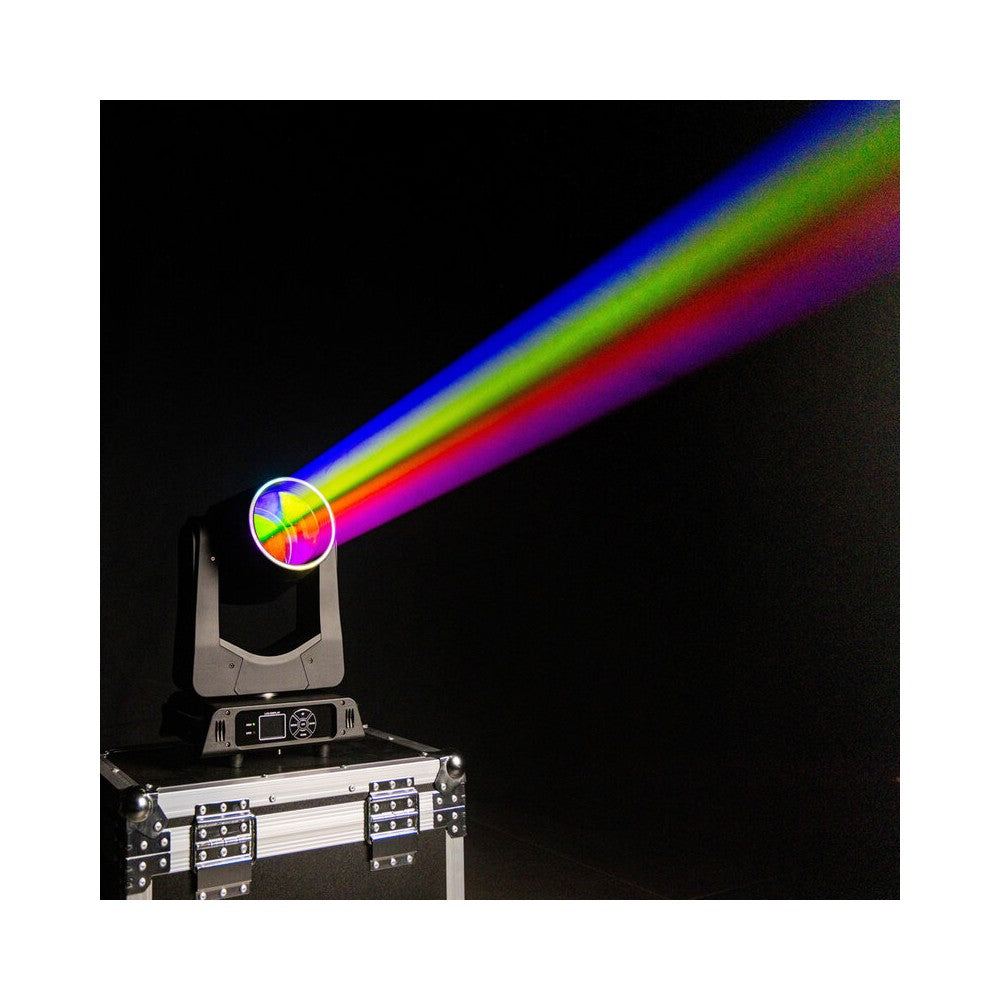 Mac Mah 200W LED Beam moving head, 2.5° beam, 13 gobos, 11 colors, 12 + 6 facet prism, RGB halo LEDs, 14-channel DMX control