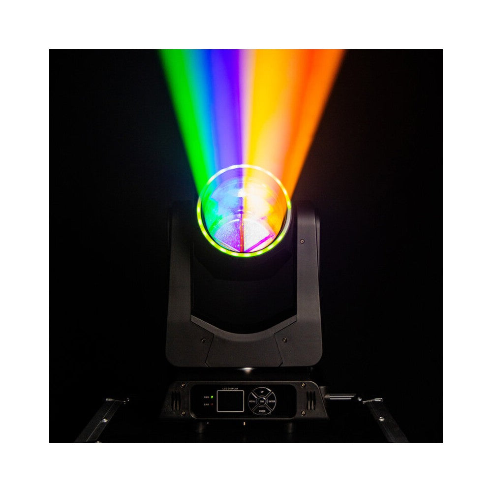 Mac Mah 200W LED Beam moving head, 2.5° beam, 13 gobos, 11 colors, 12 + 6 facet prism, RGB halo LEDs, 14-channel DMX control
