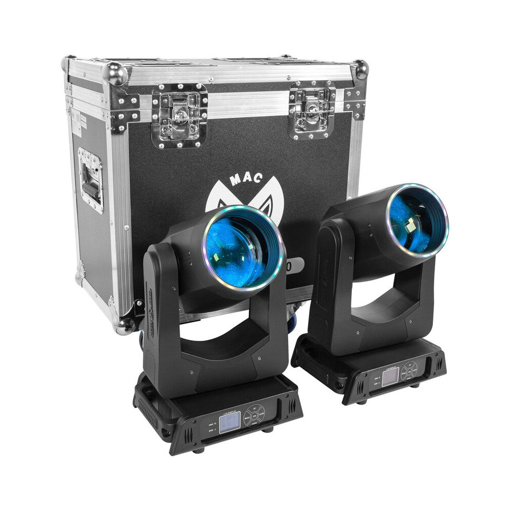 Mac Mah 2 x 200 W LED Beam moving heads, 2.5° beam, 13 Gobos, 11 colours, 12 + 6 facet prism, RGB halo LEDs, 14‑channel DMX cont