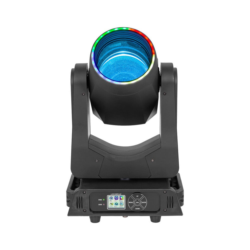 Mac Mah 2 x 200 W LED Beam moving heads, 2.5° beam, 13 Gobos, 11 colors, 12 + 6 facet prism, RGB halo LEDs, 14-channel DMX cont