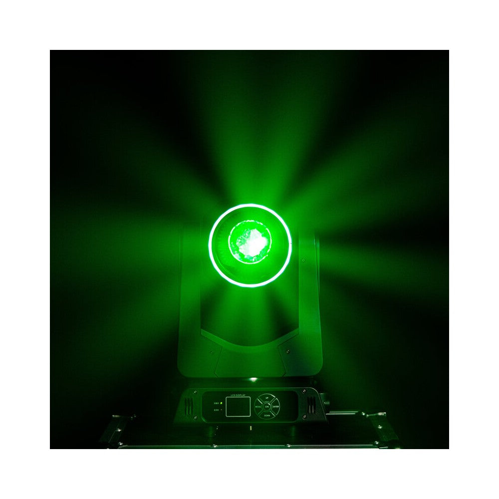 Mac Mah 2 x 200 W LED Beam moving heads, 2.5° beam, 13 Gobos, 11 colors, 12 + 6 facet prism, RGB halo LEDs, 14-channel DMX cont