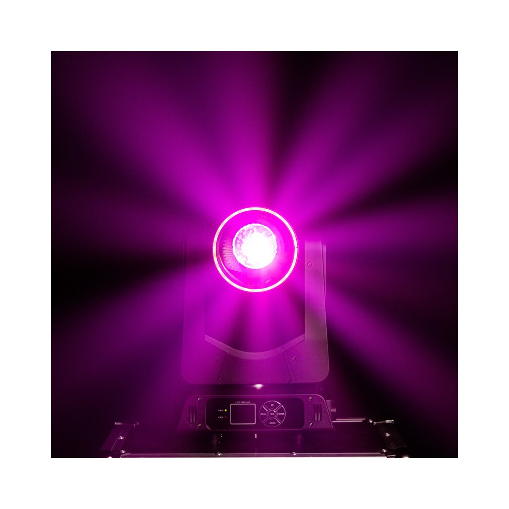 Mac Mah 2 x 200 W LED Beam moving heads, 2.5° beam, 13 Gobos, 11 colors, 12 + 6 facet prism, RGB halo LEDs, 14-channel DMX cont