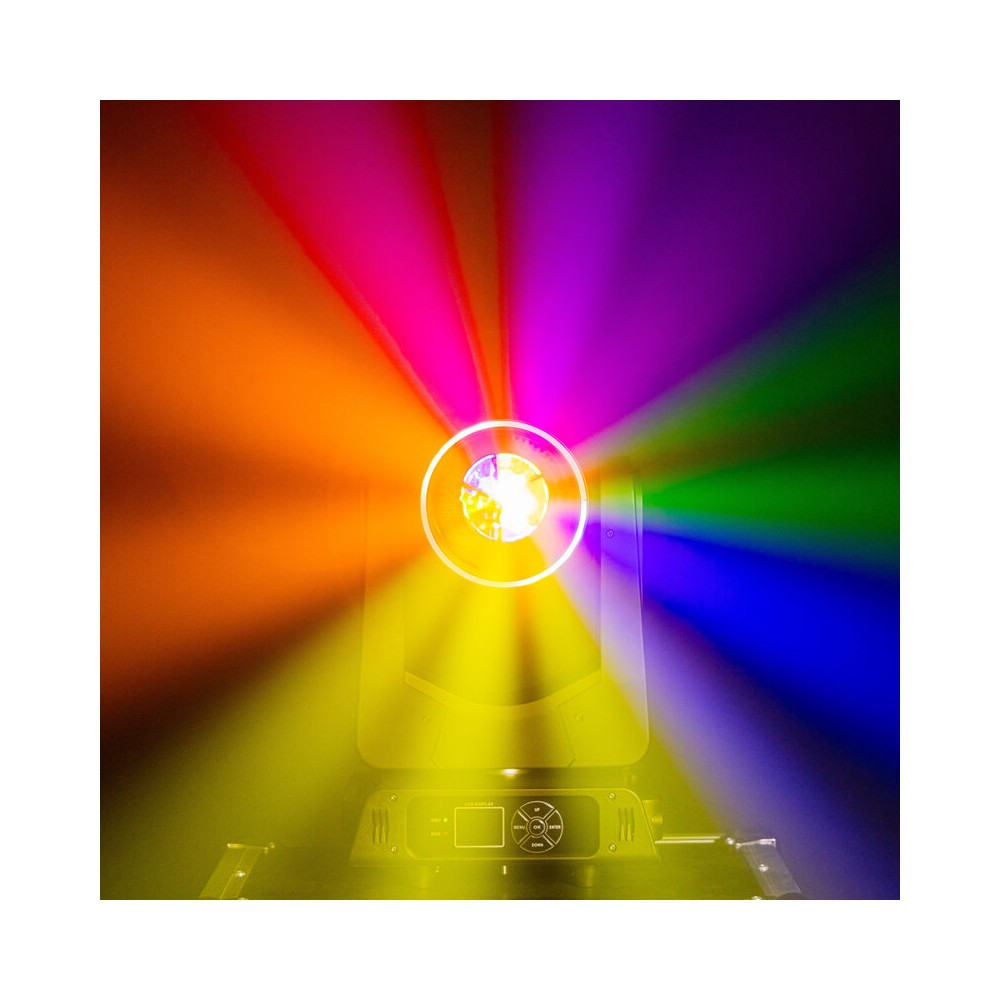 Mac Mah 2 x 200 W LED Beam moving heads, 2.5° beam, 13 Gobos, 11 colors, 12 + 6 facet prism, RGB halo LEDs, 14-channel DMX cont