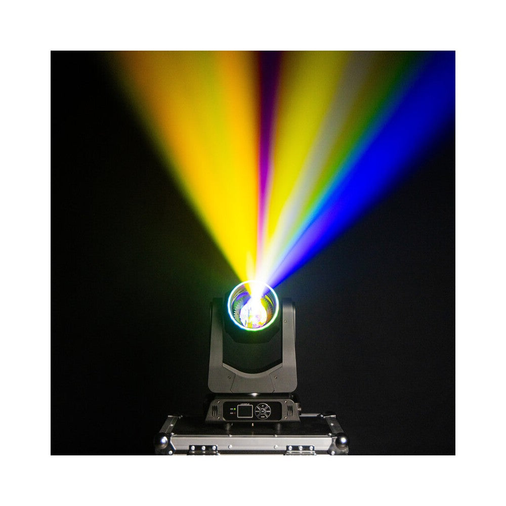 Mac Mah 2 x 200 W LED Beam moving heads, 2.5° beam, 13 Gobos, 11 colors, 12 + 6 facet prism, RGB halo LEDs, 14-channel DMX cont