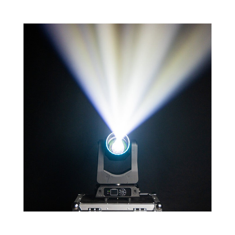 Mac Mah 2 x 200 W LED Beam moving heads, 2.5° beam, 13 Gobos, 11 colors, 12 + 6 facet prism, RGB halo LEDs, 14-channel DMX cont