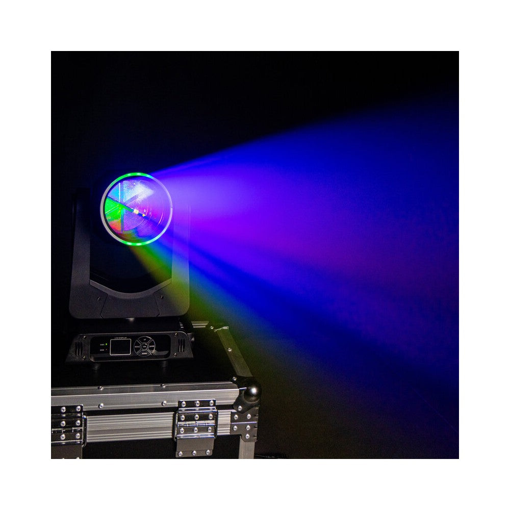 Mac Mah 2 x 200 W LED Beam moving heads, 2.5° beam, 13 Gobos, 11 colors, 12 + 6 facet prism, RGB halo LEDs, 14-channel DMX cont